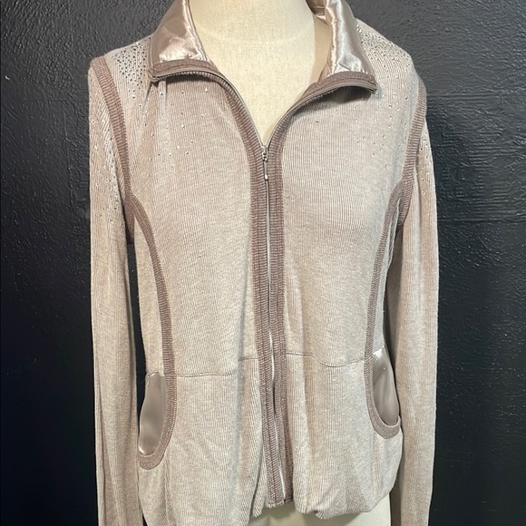 Beige Zip-Up Jacket with Satin Trim - Picture 1 of 4